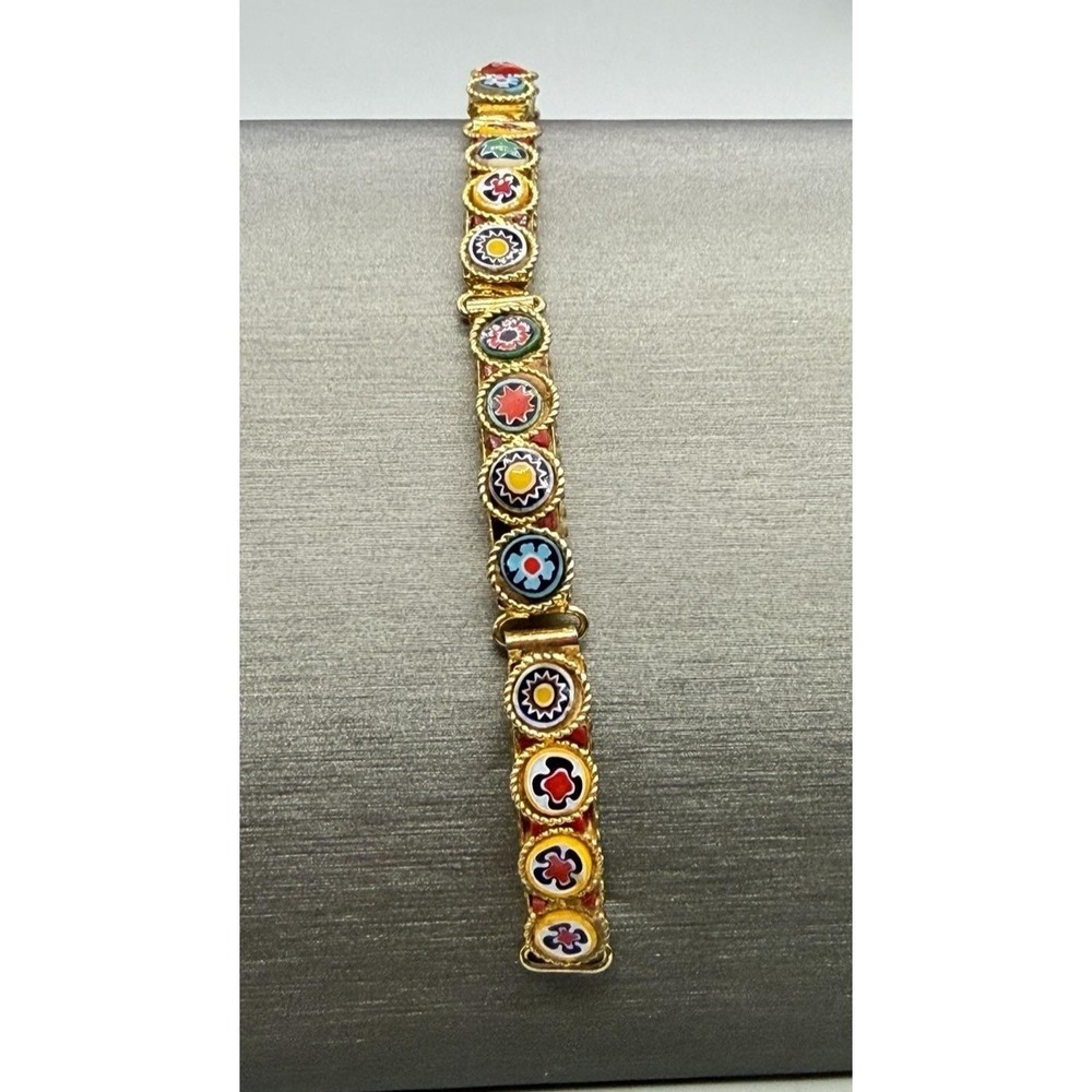 Vintage Micro Mosaic Millefiori Panel Gold Tone Bracelet Multi Color Sz 6 - Picture 7 of 13